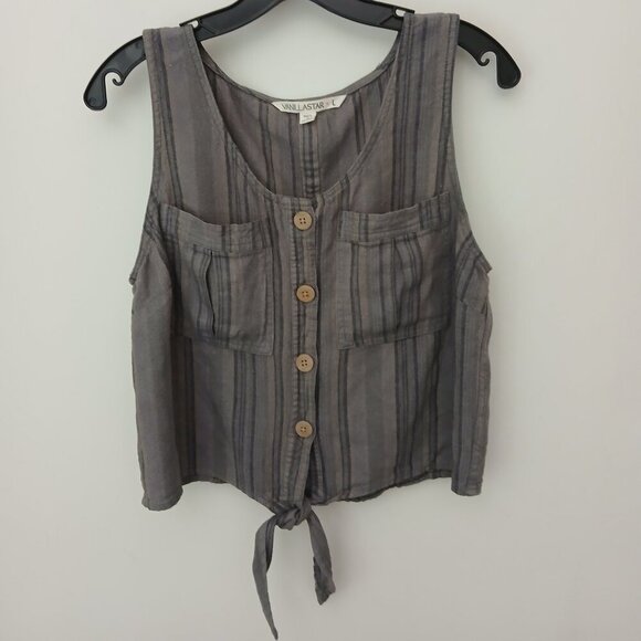 Olive Green Striped Linen Blend Button Down Tie Front Midriff Top Sz L - Picture 1 of 9